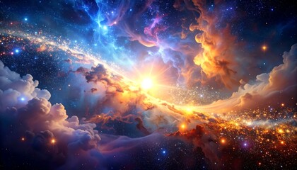 Naklejka premium A vibrant nebula with swirling clouds, bright star, and cosmic dust