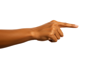Isolated arm pointing right, indicating direction or location, brown skin on clean backdrop