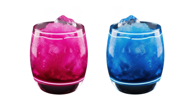 Two colorful slushies isolated on transparent background, with a pink raspberry slushy and a blue raspberry slushy, both in glasses with ice and neon light effects
