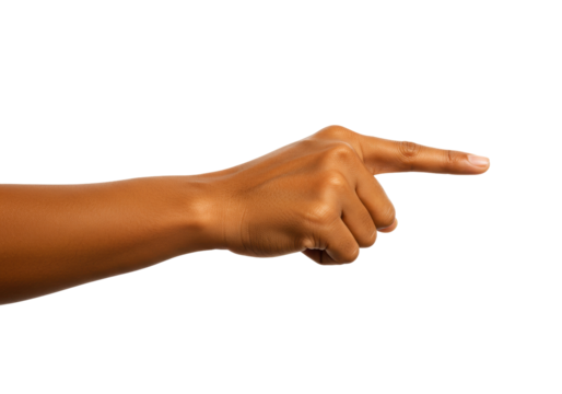 Isolated arm pointing right, indicating direction or location, brown skin on clean backdrop