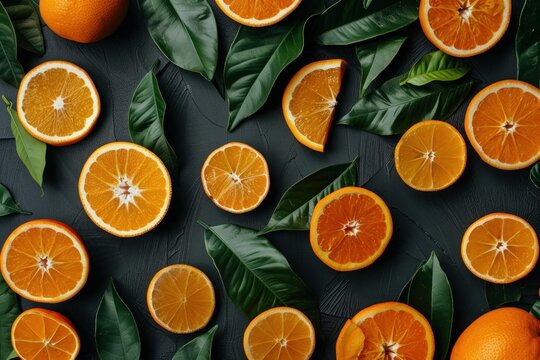 Sliced and whole oranges with green leaves arranged on a dark surface, creating a colorful and refreshing citrus fruit display