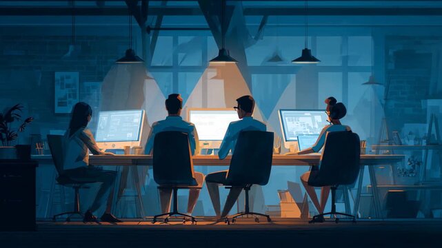 Team members collaborating at modern workstations during nighttime in a creative office
