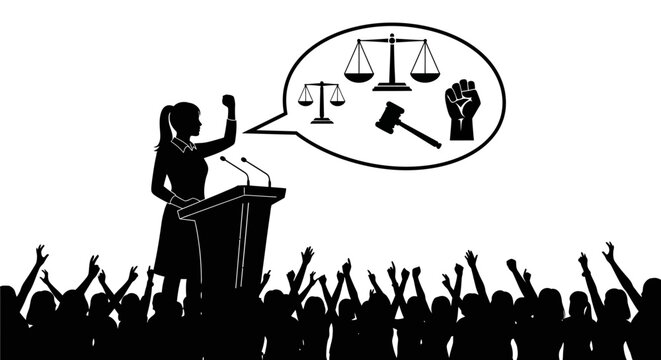 A silhouette of a woman speaking at a podium to a crowd, with symbols of justice and power in a thought bubble.