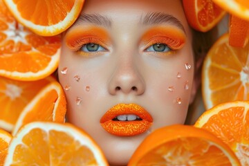 Close up portrait of a model showcasing vibrant orange makeup, complemented by fresh orange slices surrounding her face