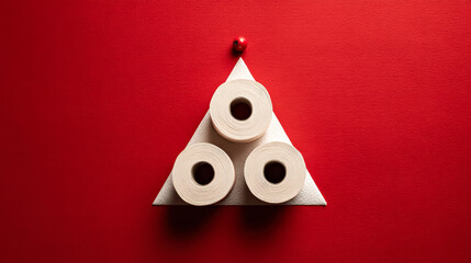 Unique display of paper rolls shaped like a Christmas tree, set against a bright red backdrop, evoking holiday spirit and creativity