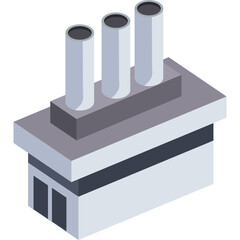 Isometric industrial factory building with three tall smokestacks emitting smoke against a clean transparent background with gray and white tones representing manufacturing and production