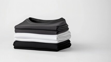Stacking pile of folded blank black, grey, gray, and white t-shirts with a round neck and a white background cutout. A mockup template for graphic design artwork,
