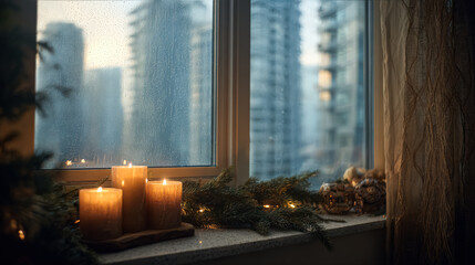 Warm candles illuminate a festive window scene, adorned with greenery and holiday decorations, creating a cozy atmosphere for Christmas