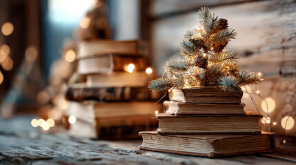 Vintage books are creatively stacked with a small Christmas tree and twinkling lights, creating a cozy holiday atmosphere