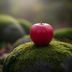 Single Red Apple Resting on a Moss-Covered Rock in Soft Natural Light Celebrate Eat a Red Apple Day December 1