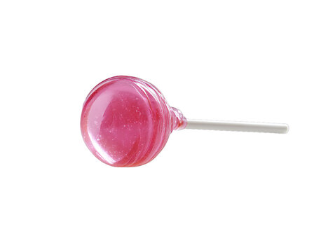 Pink glossy lollipop candy on white stick, shiny round sweet treat isolated on transparent background