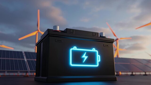 High capacity battery storage power glowing icon renewable energy installation with solar panel and wind turbine background conveying clean renewable energy capacity and sustainable power technology