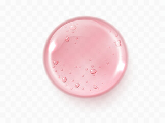 Transparent glycerin pink gel texture with glossy liquid drop and bubbles. Realistic serum splash element for cosmetic product advertising.