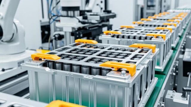 High capacity battery production and battery pack assembly modern factory combining automated manufacturing, robotic arm automation, and industrial energy storage solutions with precise robotic
