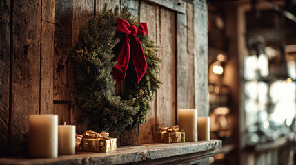 Festive green wreath adorned with a red bow, placed on a rustic wooden mantelpiece with candles, creating a warm holiday atmosphere
