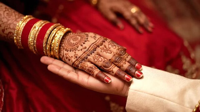 Traditional indian bride and groom hands joined during hindu wedding ritual showing intricate mehndi henna art and red bangles