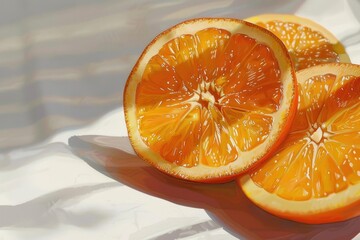 Three vibrant orange slices, glistening with juice, sit on a white surface, illuminated by soft, diffused light, creating an interplay of shadows and textures