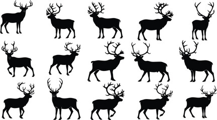 “Collection of detailed deer silhouettes in various standing poses, wildlife vector illustration set for nature, forest, 