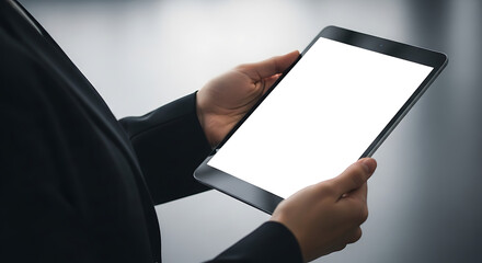 Close up of a businessman holding a tablet with a blank screen in the office