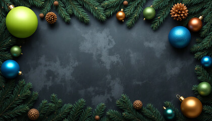 Christmas Flat Lay with Pine Branches and Colorful Ornaments on Dark Background