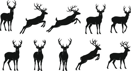 “Collection of detailed deer silhouettes featuring standing and jumping poses, wildlife vector illustration set for nature, forest, and outdoor design projects”