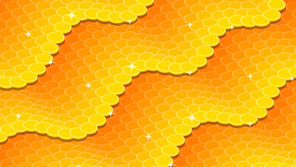 Horizontal money background for wishes of good luck and abundance background made of waves of gold coins. Backdrop for festive celebration. Vector background top view at an angle