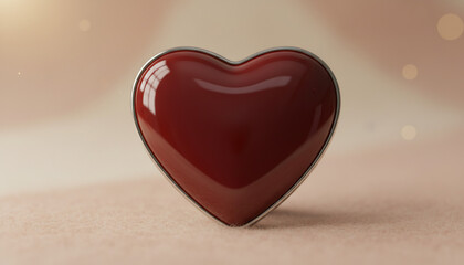 A glossy, dark red heart-shaped object sits centered on a soft, light pink surface with bokeh lights.