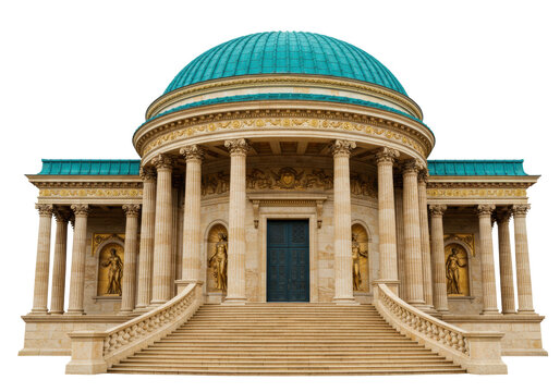 Isolated building example of neoclassical architecture, exterior view with pillars, dome
