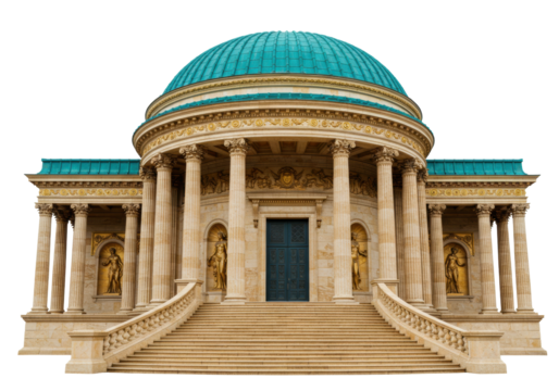 Isolated building example of neoclassical architecture, exterior view with pillars, dome