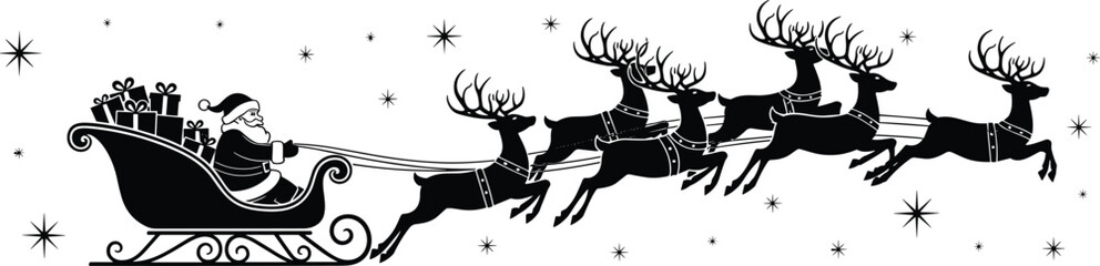 “Christmas Santa sleigh silhouette with flying reindeer, festive holiday illustration, winter night scene, magical Christmas artwork for seasonal design”