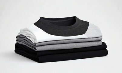 Stacking pile of folded blank black, grey, gray, and white t-shirts with a round neck and a white background cutout. A mockup template for graphic design artwork,
