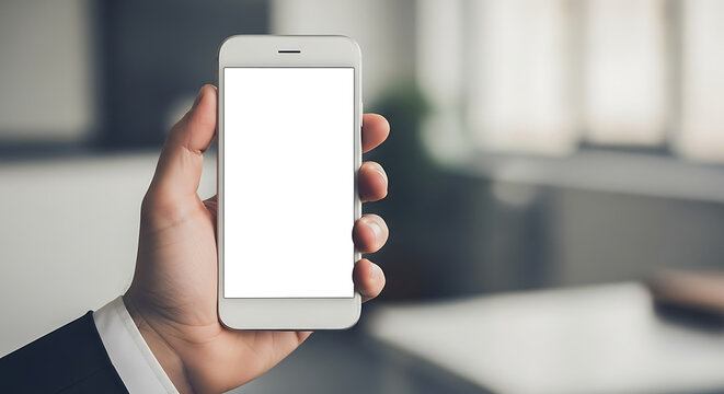 Close up of a businessman holding a smartphone with a blank screen in the office