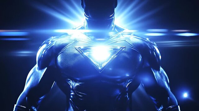 A strong man dressed in a sleek superhero costume stands in a powerful stance, with a glowing emblem on his chest. The striking blue light highlights the man's muscular form and pr
