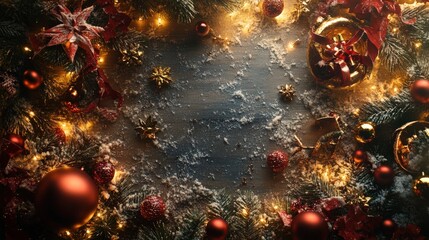 Vibrant Christmas background featuring pine branches, colorful ornaments, and soft lights, creating a warm holiday atmosphere with copy space