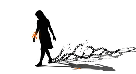 Silhouette of a woman breaking free from chains, symbolizing freedom.