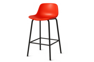 Red modern bar stool with minimalist design, bright plastic seat, and metal frame, transparent background