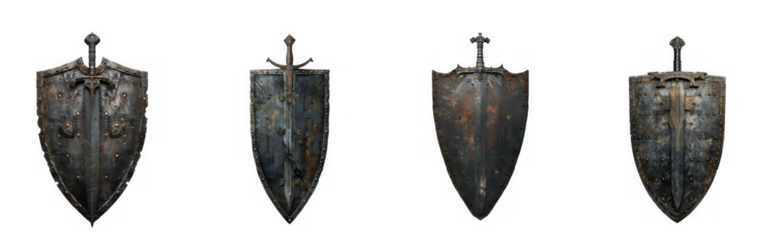 Four medieval shields with swords isolated on transparent background, displaying intricate designs and battleworn textures of ancient weaponry