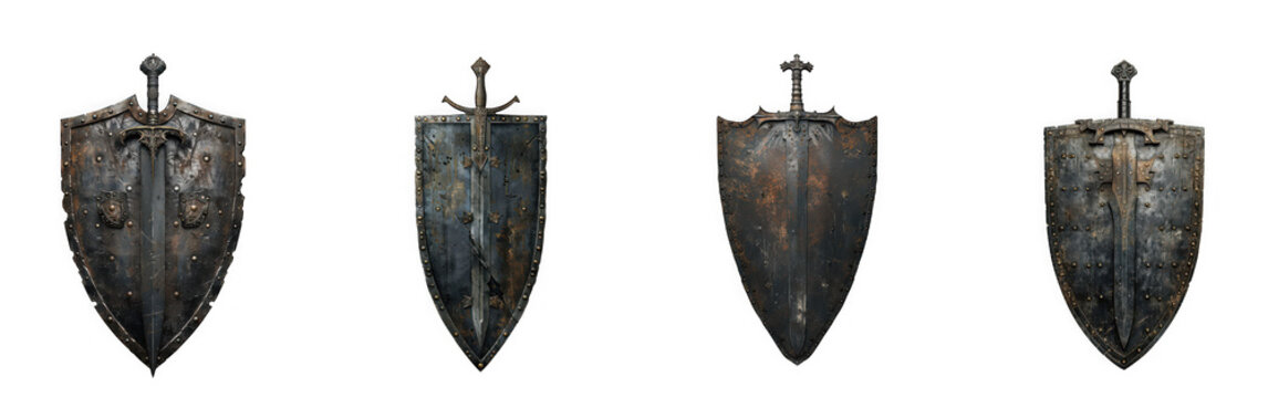 Four medieval shields with swords isolated on transparent background, displaying intricate designs and battleworn textures of ancient weaponry