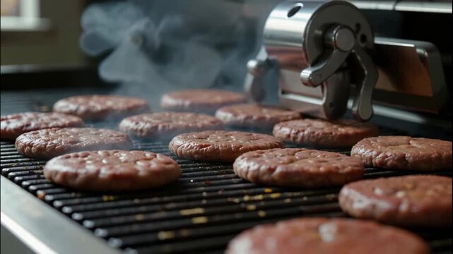 Grilled burger beef patty smoky barbecue grill for outdoor juicy lunch, flame sear and mouthwatering aroma over hot grates with tender texture and savory scent, backyard cookout vibes and tasty char