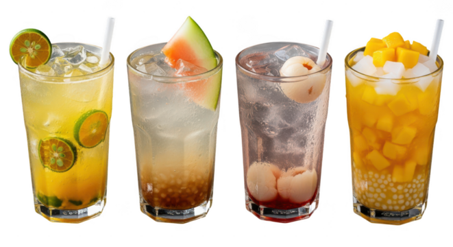Refreshing summer drinks isolated on transparent background a vibrant assortment of colorful beverages with ice, perfect for quenching your thirst on a hot day, showcasing variety