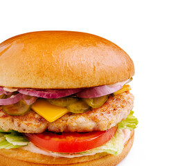 Delicious chicken burger with fresh toppings on a soft bun