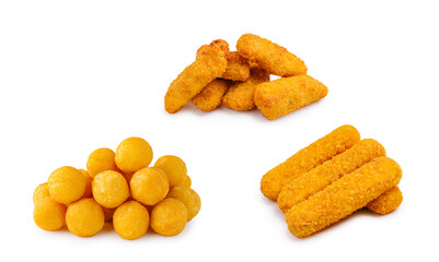 Variety of golden fried snacks arranged on a plain background