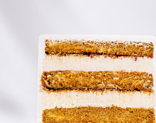 Delicious layered cake with cream frosting ready for dessert at a party