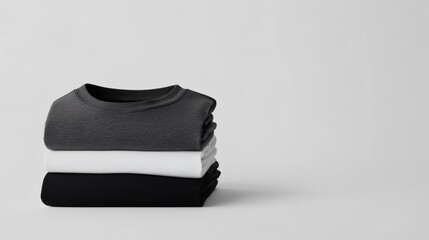Stacking pile of folded blank black, grey, gray, and white t-shirts with a round neck and a white background cutout. A mockup template for graphic design artwork,
