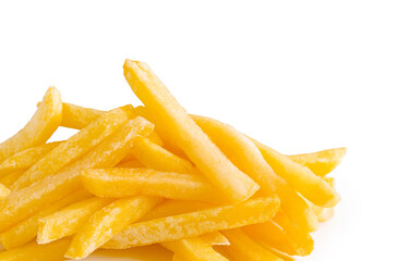Crispy golden fries stacked on a white background ready for enjoyment