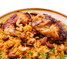 Delicious chicken and spiced rice dish with nuts and herbs served in a bowl