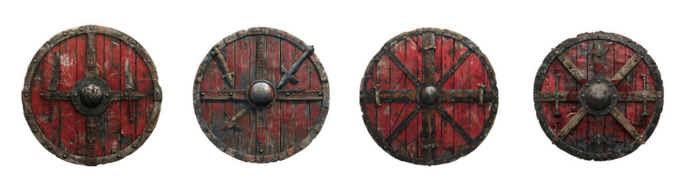 Four viking shields with red paint and metal accents isolated on transparent background, showcasing historical weaponry and craftsmanship in a row