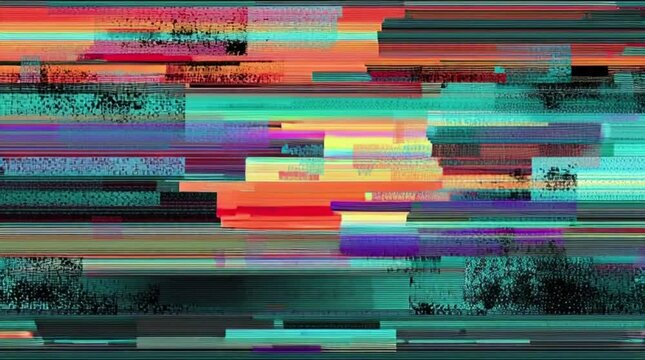 Glitchy digital distortion with a colorful array of horizontal bars and rectangles in shades of red, green, blue, and purple, suitable for a tech or error-themed background.