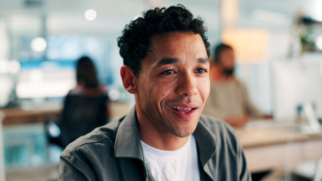 Media agency, smile and man in office, reading and copywriting with creative project. Person, employee and journalist in workplace, marketing proposal or confidence with pride and career ambition