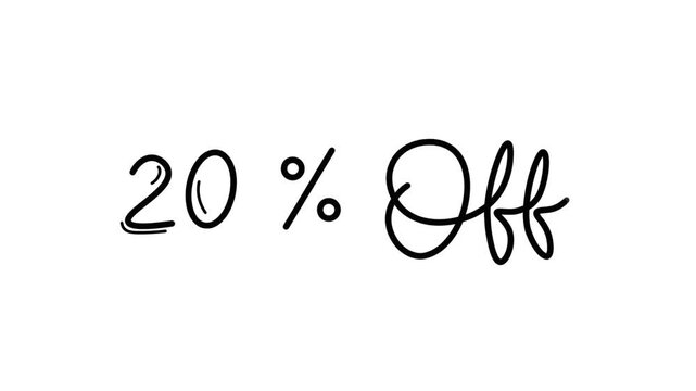 20% offer One line continuous animated typography intro outro, hand drawn calligraphy monoline vintage text on background, aniamted Calligraphy lettering animation video black type on white backdrop